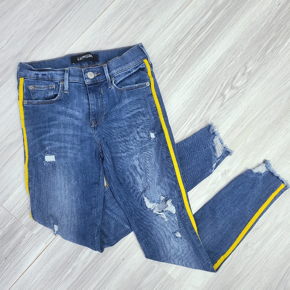 Express Blue Distressed Ankle Legging Jeans Mid Rise with Yellow Stripe Size 2R